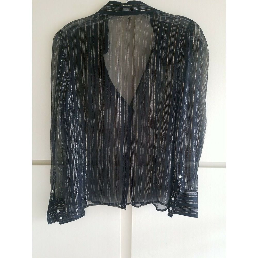 Vtg G-Unit Sexy Black Silk Blouse Silver/Gold Metallic Stripe Sheer Disco, EUC,M - Picture 5 of 7